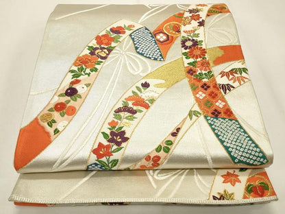 平和屋着物◎六通柄袋帯　唐織　結び紐花文　金銀糸　正絹　逸品　CABF2117qe