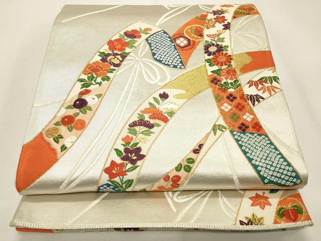 平和屋着物◎六通柄袋帯　唐織　結び紐花文　金銀糸　正絹　逸品　CABF2117qe