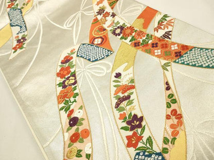 平和屋着物◎六通柄袋帯　唐織　結び紐花文　金銀糸　正絹　逸品　CABF2117qe