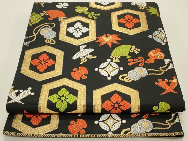 平和屋着物◎六通柄　本袋帯　唐織　宝尽くし亀甲文　黒地　金銀糸　正絹　逸品　CABF2120qe