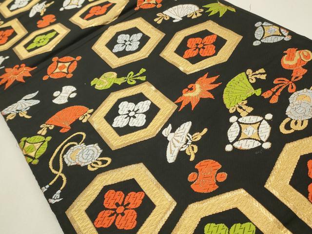 平和屋着物◎六通柄　本袋帯　唐織　宝尽くし亀甲文　黒地　金銀糸　正絹　逸品　CABF2120qe