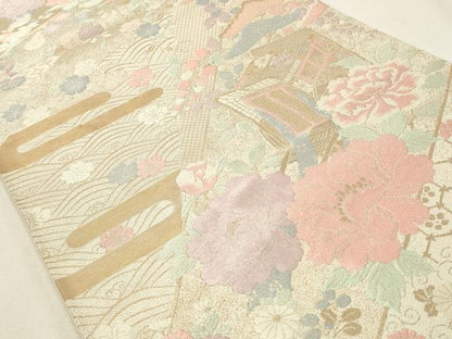 平和屋着物◎西陣 六通柄袋帯 草花吉祥文 金糸 証紙付き 正絹 逸品 CABF2121qe