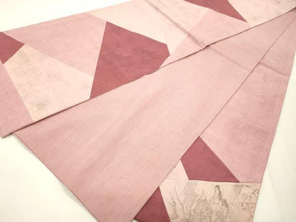 平和屋着物◎太鼓柄袋帯 手描き 紬地 切嵌風景文 正絹 逸品 CABF2125qe