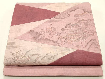 平和屋着物◎太鼓柄袋帯 手描き 紬地 切嵌風景文 正絹 逸品 CABF2125qe