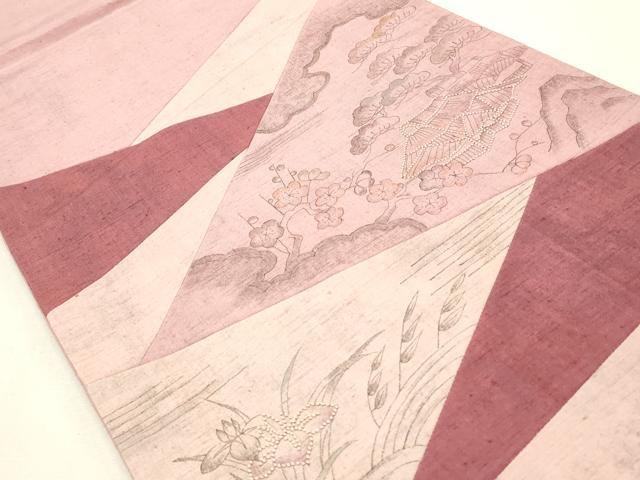 平和屋着物◎太鼓柄袋帯 手描き 紬地 切嵌風景文 正絹 逸品 CABF2125qe