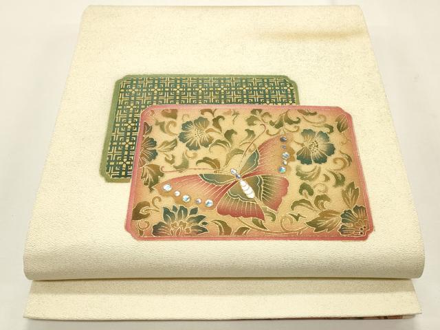 平和屋着物◎太鼓柄袋帯 螺鈿 花蝶文 金彩 正絹 逸品 未使用 CABF2128qe