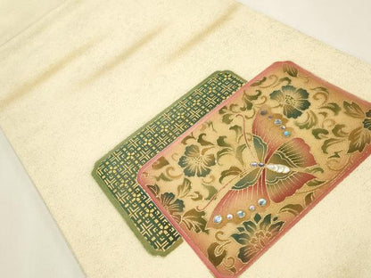 平和屋着物◎太鼓柄袋帯 螺鈿 花蝶文 金彩 正絹 逸品 未使用 CABF2128qe
