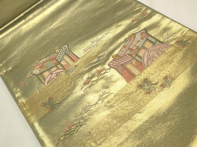 平和屋着物◎太鼓柄袋帯 総刺繍 霞御所車文 金糸 正絹 逸品 CABF2129qe