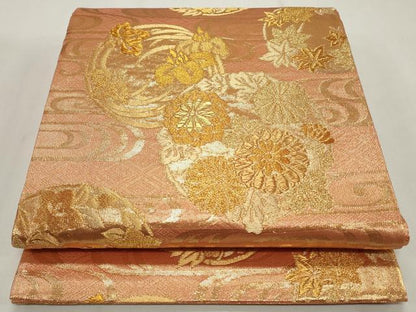 平和屋着物◎佐賀錦　六通柄袋帯　流水花文　金糸　正絹　逸品　CABF2164qe
