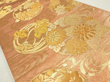 平和屋着物◎佐賀錦　六通柄袋帯　流水花文　金糸　正絹　逸品　CABF2164qe