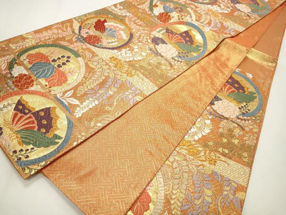 平和屋着物◎六通柄袋帯　唐織　花蝶丸文　金糸　正絹　逸品　CABF2168qe