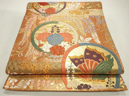 平和屋着物◎六通柄袋帯　唐織　花蝶丸文　金糸　正絹　逸品　CABF2168qe