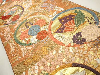 平和屋着物◎六通柄袋帯　唐織　花蝶丸文　金糸　正絹　逸品　CABF2168qe