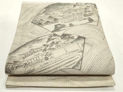 平和屋着物◎太鼓柄袋帯　作家物　手描き　綴れ　京ノ景金閣寺　銀糸　正絹　逸品　CABF2185qe