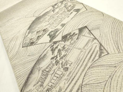 平和屋着物◎太鼓柄袋帯　作家物　手描き　綴れ　京ノ景金閣寺　銀糸　正絹　逸品　CABF2185qe