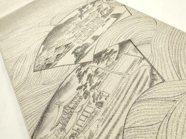 平和屋着物◎太鼓柄袋帯　作家物　手描き　綴れ　京ノ景金閣寺　銀糸　正絹　逸品　CABF2185qe