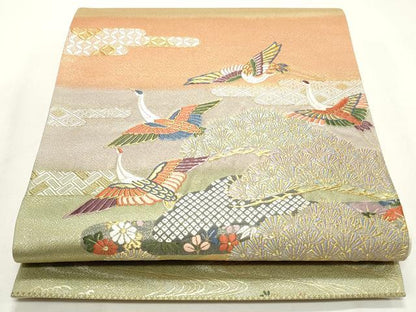平和屋着物◎六通柄袋帯　唐織　飛鶴花文　金糸　正絹　逸品　CABF2187qe