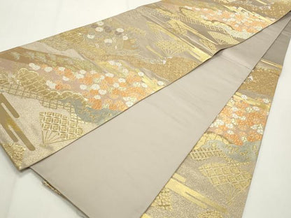 平和屋着物◎六通柄袋帯　風景花文　金糸　正絹　逸品　CABF2188qe