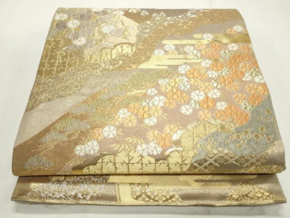 平和屋着物◎六通柄袋帯　風景花文　金糸　正絹　逸品　CABF2188qe