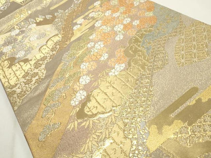 平和屋着物◎六通柄袋帯　風景花文　金糸　正絹　逸品　CABF2188qe