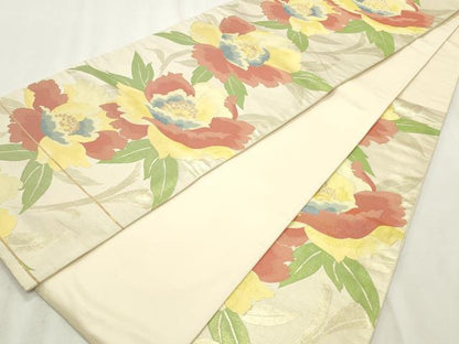 平和屋着物◎六通柄袋帯　草花文　金糸　正絹　逸品　CABF2206qe