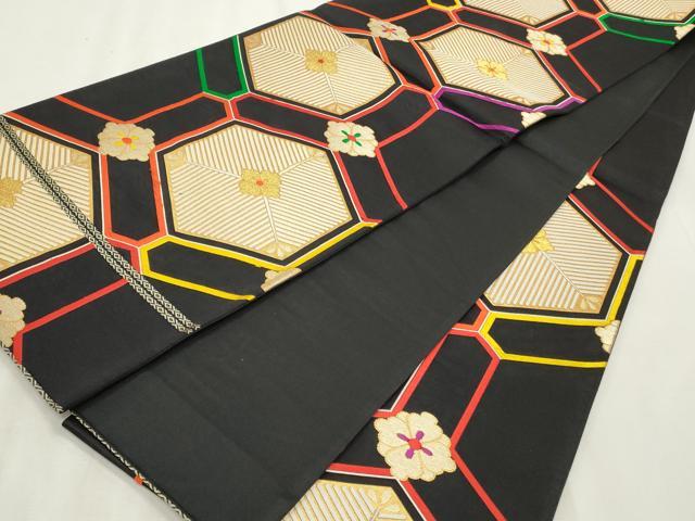 平和屋着物◎六通柄袋帯　唐織　亀甲松葉文　黒地　金糸　正絹　逸品　CABF2208qe