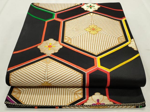 平和屋着物◎六通柄袋帯　唐織　亀甲松葉文　黒地　金糸　正絹　逸品　CABF2208qe