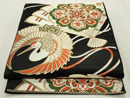 平和屋着物◎六通柄　京袋帯　唐織　飛鶴檜扇花文　黒地　金糸　正絹　逸品　CABF2210qe