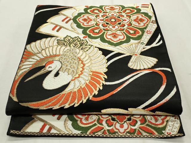 平和屋着物◎六通柄　京袋帯　唐織　飛鶴檜扇花文　黒地　金糸　正絹　逸品　CABF2210qe