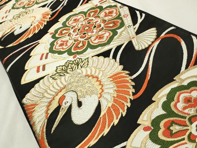 平和屋着物◎六通柄　京袋帯　唐織　飛鶴檜扇花文　黒地　金糸　正絹　逸品　CABF2210qe
