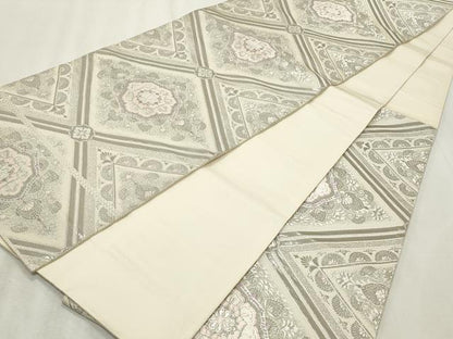 平和屋着物◎六通柄袋帯　唐織　菱天井花文　銀糸　正絹　逸品　CABF2211qe