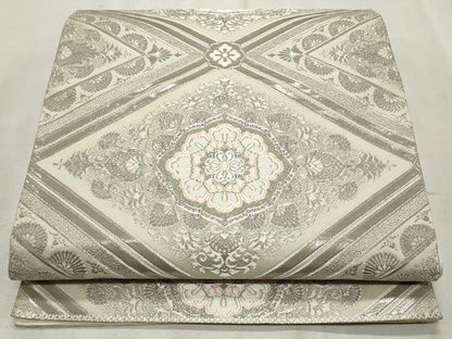 平和屋着物◎六通柄袋帯　唐織　菱天井花文　銀糸　正絹　逸品　CABF2211qe