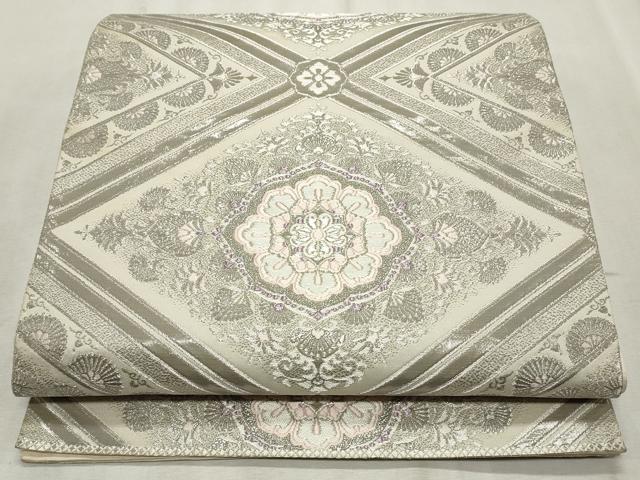 平和屋着物◎六通柄袋帯　唐織　菱天井花文　銀糸　正絹　逸品　CABF2211qe