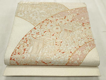 平和屋着物◎太鼓柄袋帯　地紙御所車花文　金糸　正絹　逸品　CABF2212qe