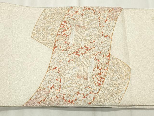 平和屋着物◎太鼓柄袋帯　地紙御所車花文　金糸　正絹　逸品　CABF2212qe