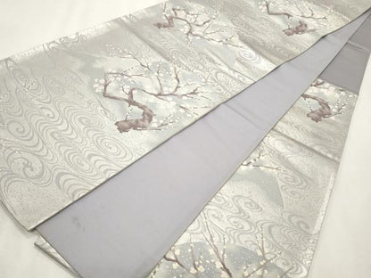 平和屋着物◎六通柄袋帯　流水枝梅文　銀糸　正絹　逸品　CABF2214qe