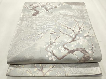 平和屋着物◎六通柄袋帯　流水枝梅文　銀糸　正絹　逸品　CABF2214qe