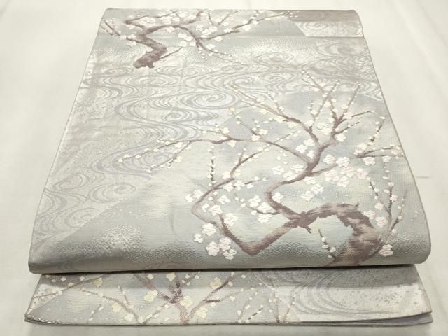 平和屋着物◎六通柄袋帯　流水枝梅文　銀糸　正絹　逸品　CABF2214qe