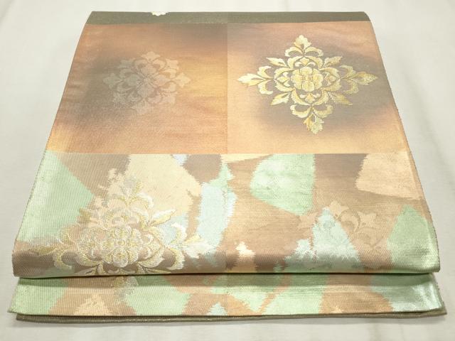 平和屋着物◎六通柄袋帯　市松花文　金銀糸　正絹　逸品　CABF2223qe