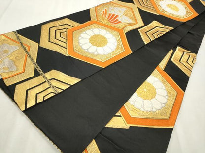 平和屋着物◎六通柄袋帯 唐織 亀甲花蝶文 黒地 金銀糸 正絹 逸品 CABF2225qe