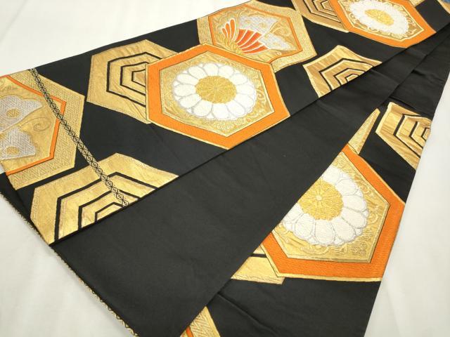 平和屋着物◎六通柄袋帯 唐織 亀甲花蝶文 黒地 金銀糸 正絹 逸品 CABF2225qe