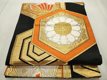 平和屋着物◎六通柄袋帯 唐織 亀甲花蝶文 黒地 金銀糸 正絹 逸品 CABF2225qe