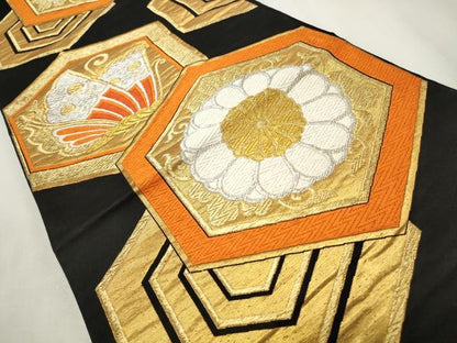平和屋着物◎六通柄袋帯 唐織 亀甲花蝶文 黒地 金銀糸 正絹 逸品 CABF2225qe