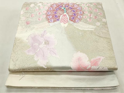 平和屋着物◎六通柄袋帯　唐織　孔雀花文　銀糸　正絹　逸品　CABF2228qe