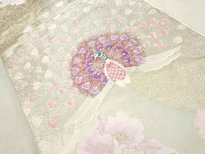 平和屋着物◎六通柄袋帯　唐織　孔雀花文　銀糸　正絹　逸品　CABF2228qe