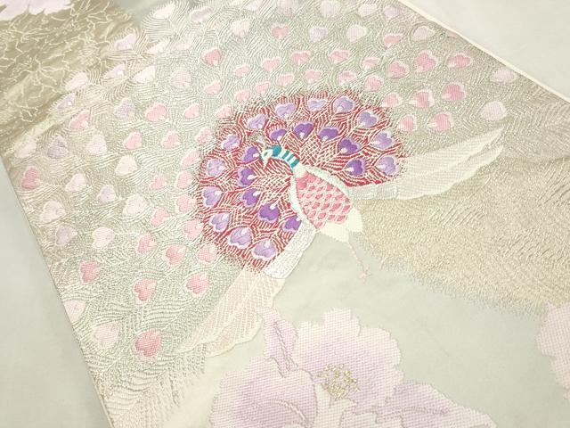 平和屋着物◎六通柄袋帯　唐織　孔雀花文　銀糸　正絹　逸品　CABF2228qe