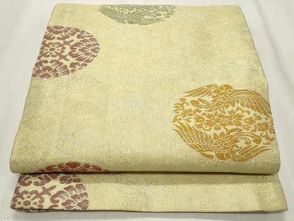 平和屋着物◎六通柄袋帯 鳳凰花丸文 銀糸 正絹 逸品 CABF2257qe