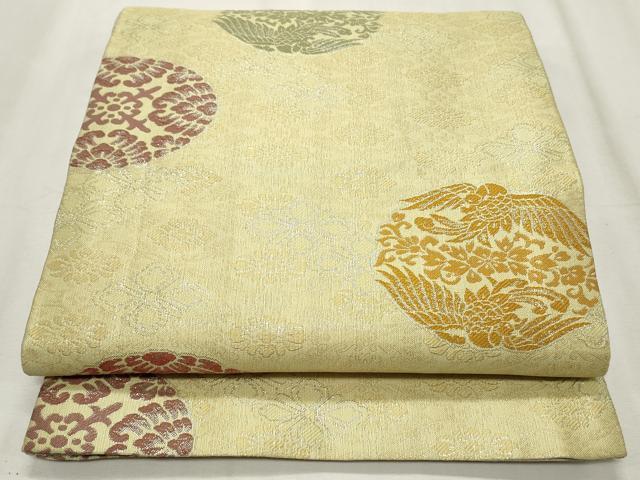 平和屋着物◎六通柄袋帯 鳳凰花丸文 銀糸 正絹 逸品 CABF2257qe