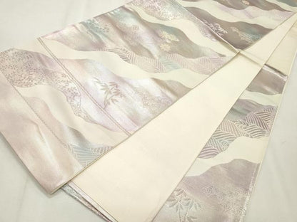 平和屋着物◎六通柄袋帯 流水枝花文 銀糸 正絹 逸品 CABF2261qe