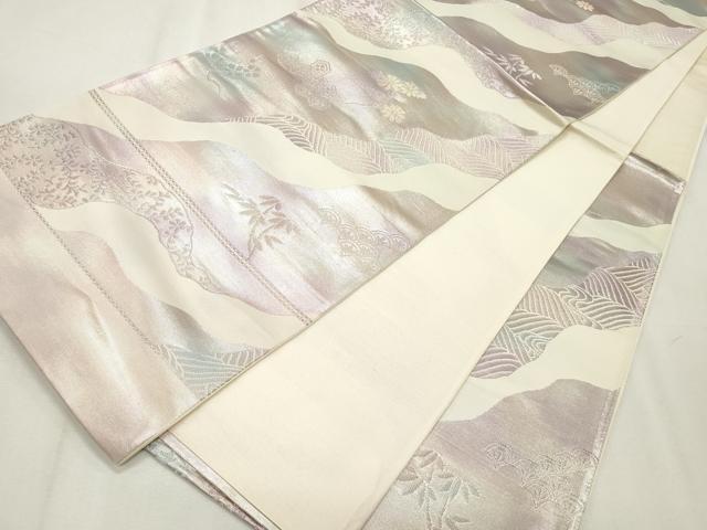 平和屋着物◎六通柄袋帯 流水枝花文 銀糸 正絹 逸品 CABF2261qe
